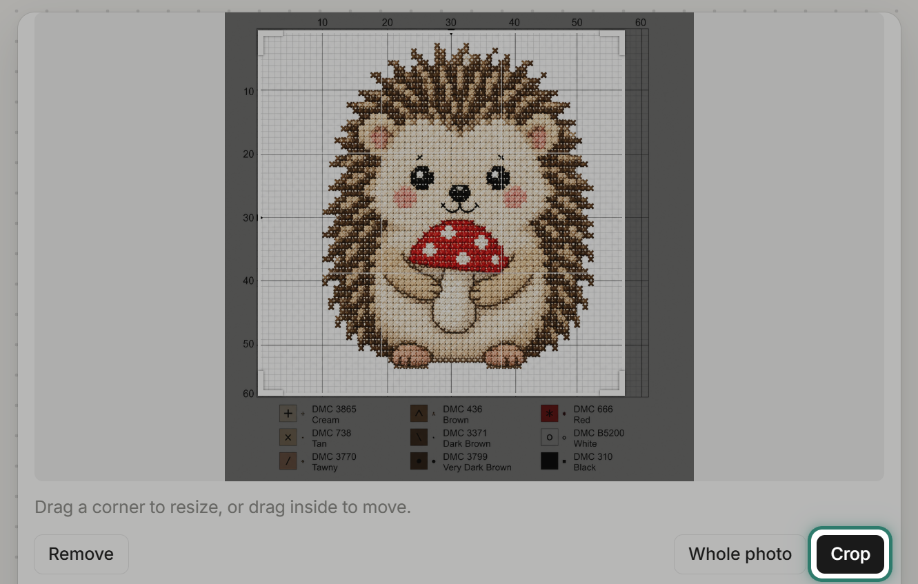 The crop rectangle drawn around the hedgehog, key and numbers outside
