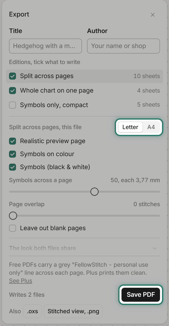 The Export panel with PDF editions and paper size