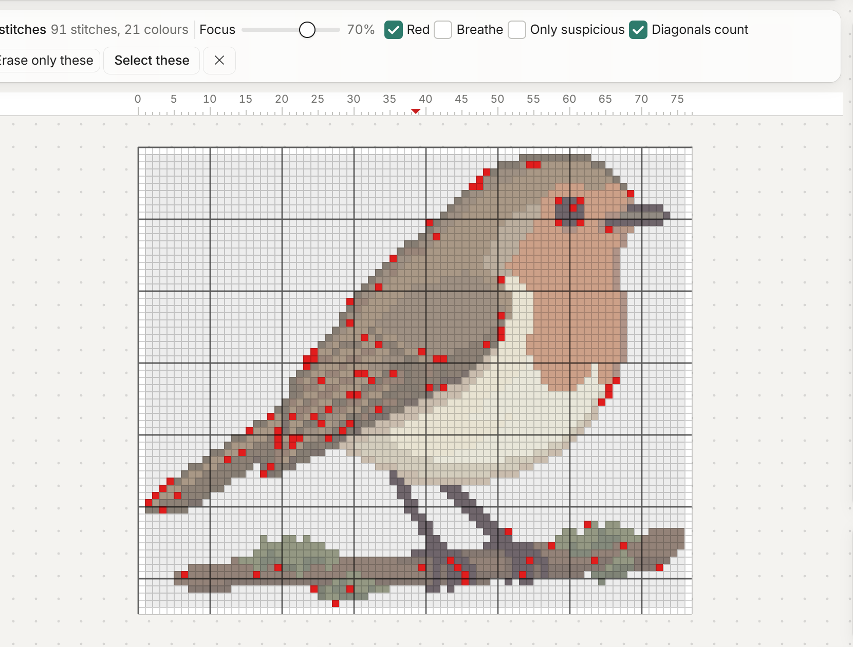 The robin chart with all 91 lone stitches highlighted in red