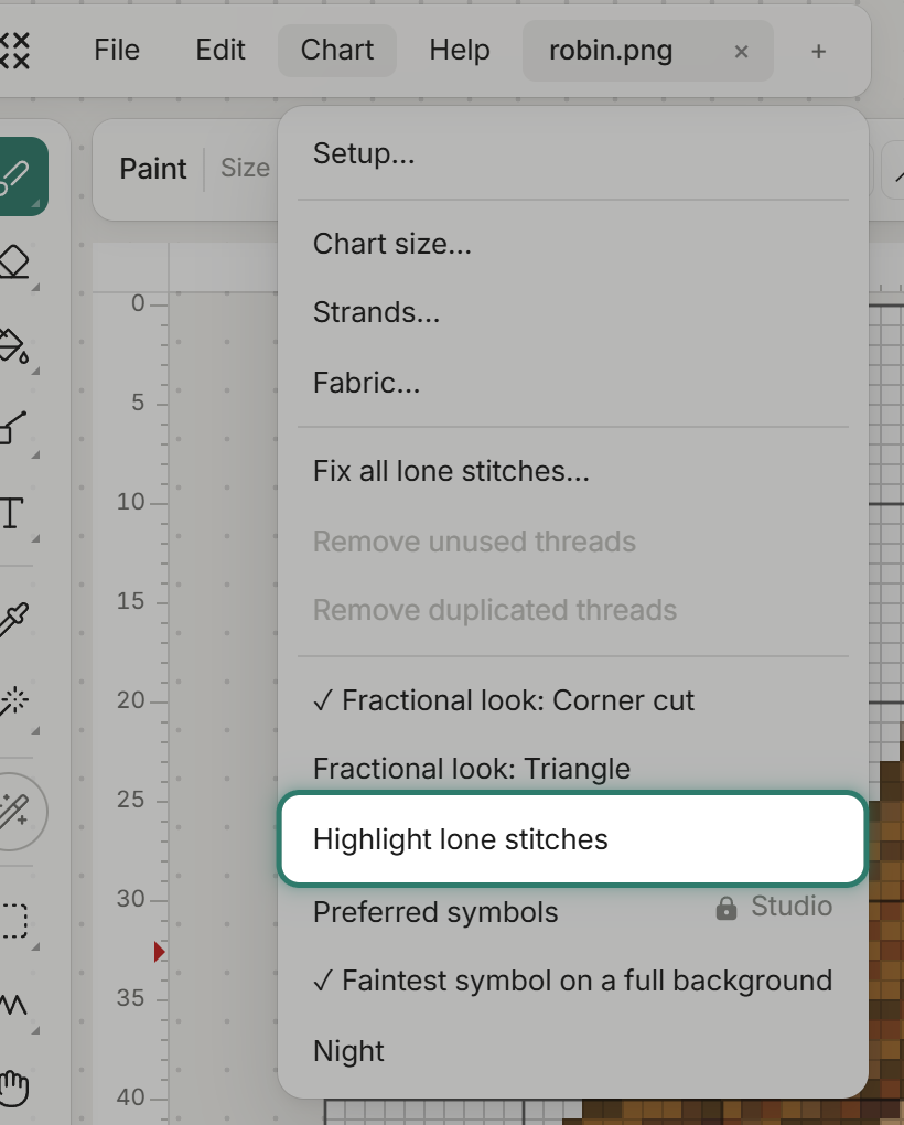 The Chart menu, Highlight lone stitches ringed