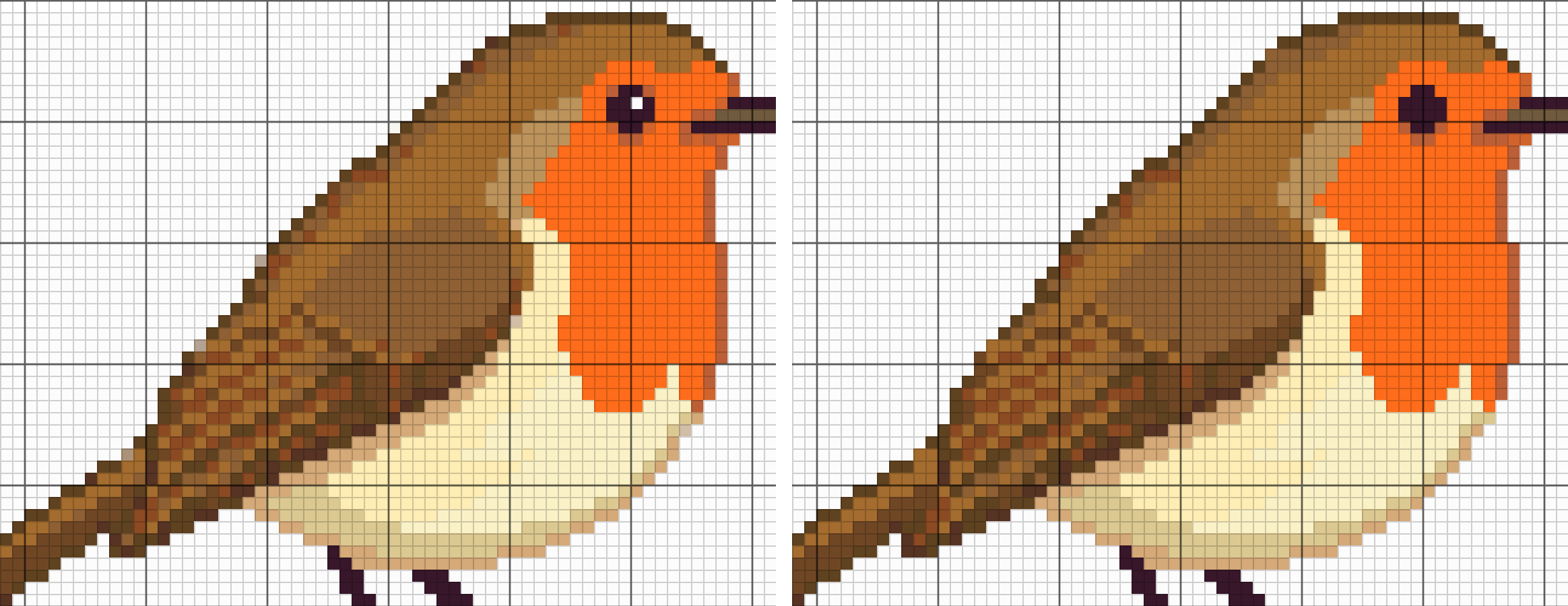 Before and after applying Fix all to every lone stitch: the eye glint is gone and the wing is smoother