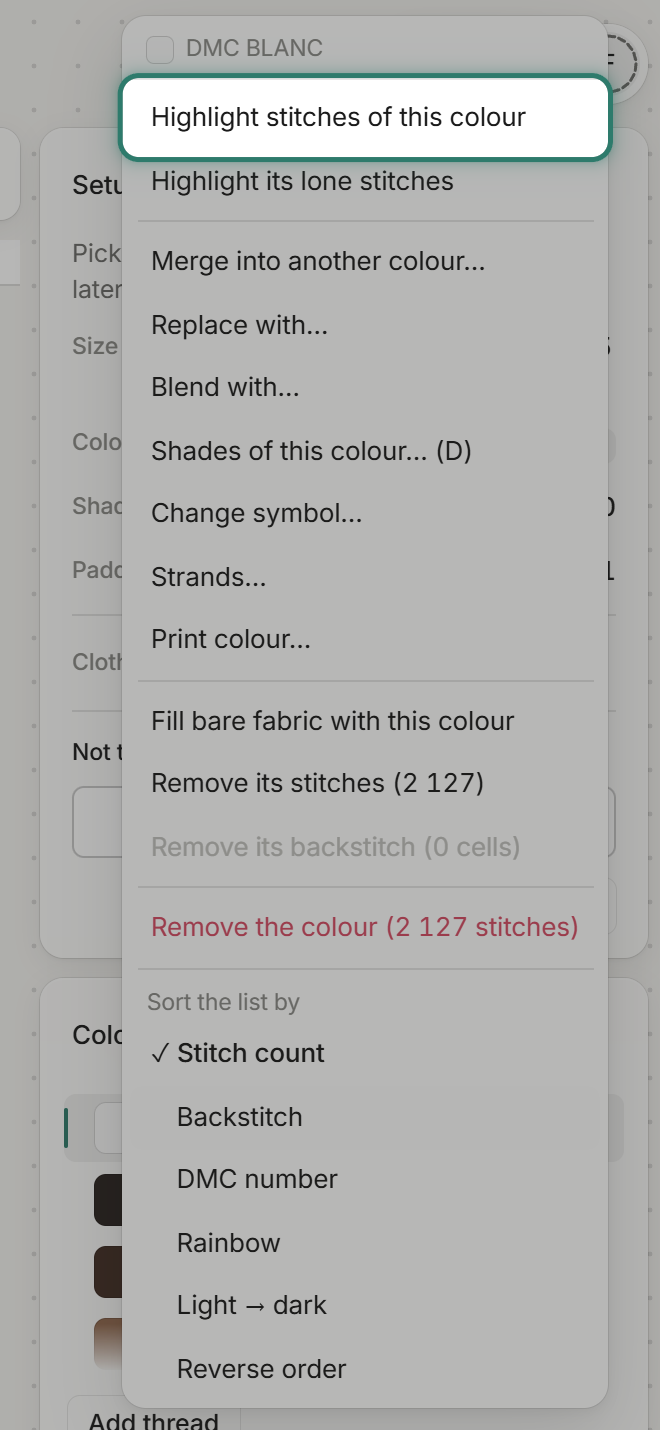 BLANC's menu with a ring on Highlight stitches of this colour