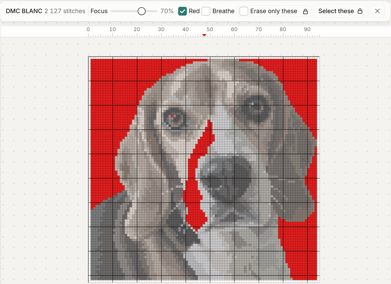 Before: DMC BLANC 2 127 stitches, red over the background, the blaze and the left eye's highlight