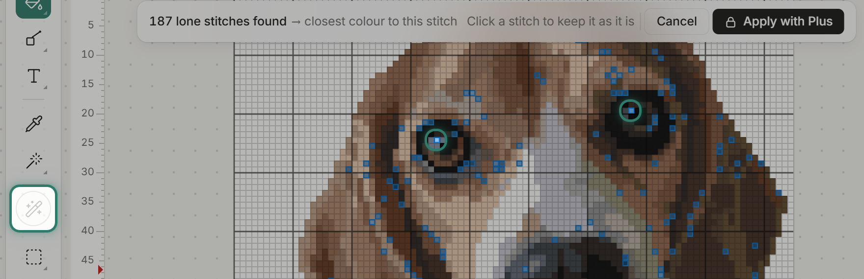 Fix all ringed in the tool rail, the bar reading 187 lone stitches found, and rings on the two eye highlights