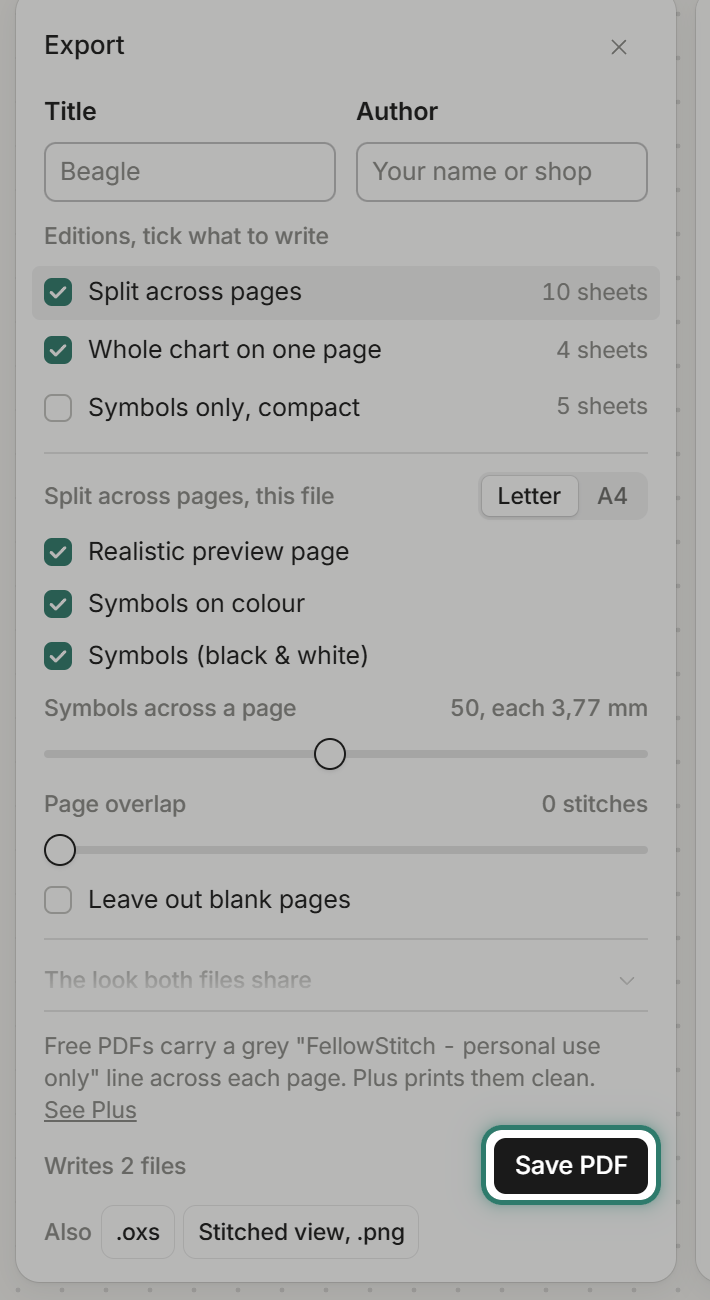 The Export panel with the free-PDF line and a ring on Save PDF