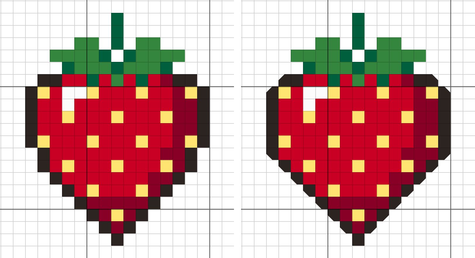 The strawberry before (left, stepped outline) and after (right, smoothed with three-quarter stitches)