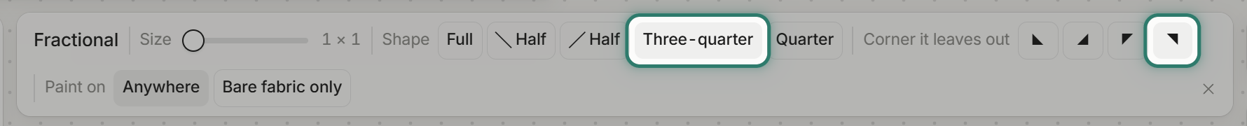 The Fractional settings bar with Three-quarter selected and the bottom-left corner button ringed