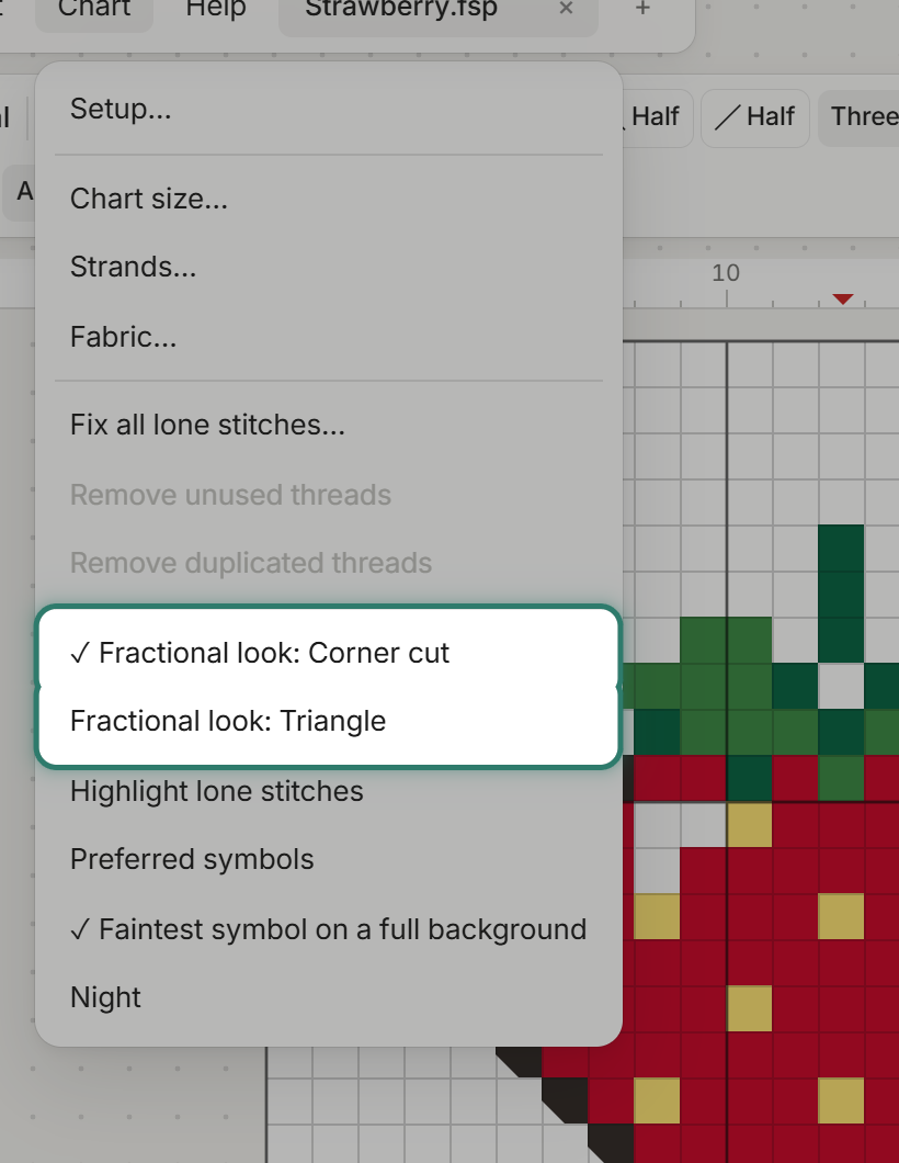 The Chart menu with the two Fractional look rows ringed