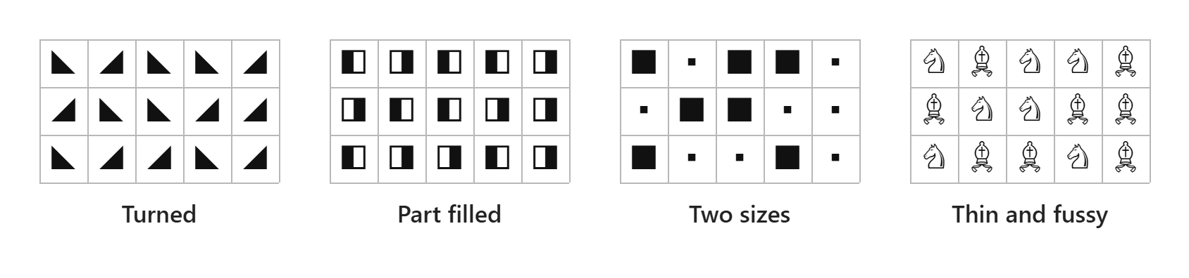 Four drawn pairs on small grids, labelled Turned, Part filled, Two sizes, Thin and fussy