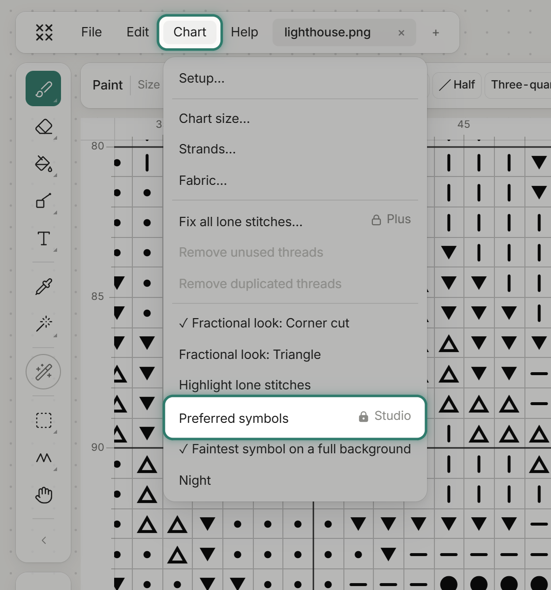Chart menu open, with rings on Chart and on Preferred symbols with its Studio tag