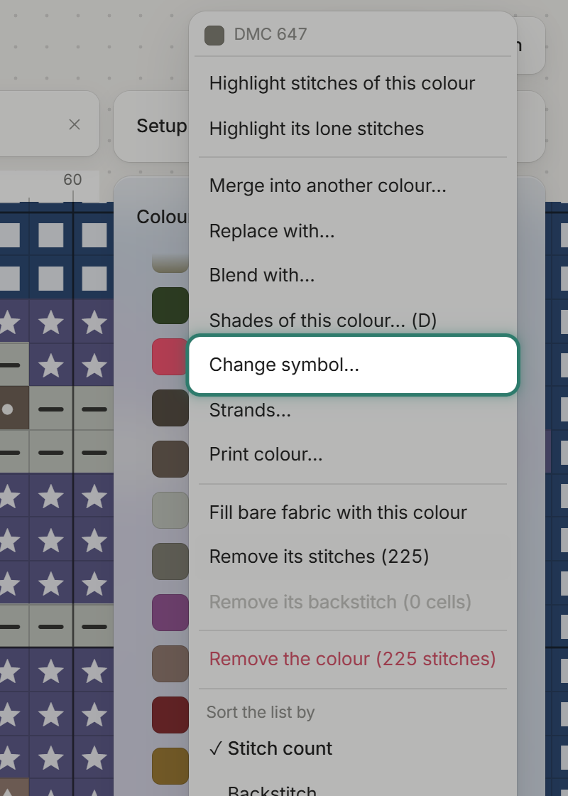 A colour's row menu with a ring on Change symbol