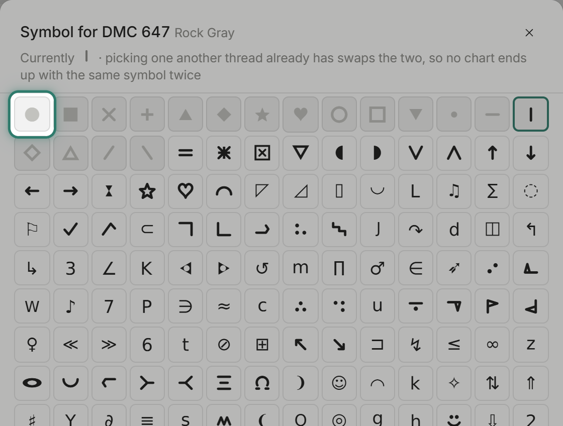 The symbol box for DMC 647, with a ring on the solid circle another thread uses