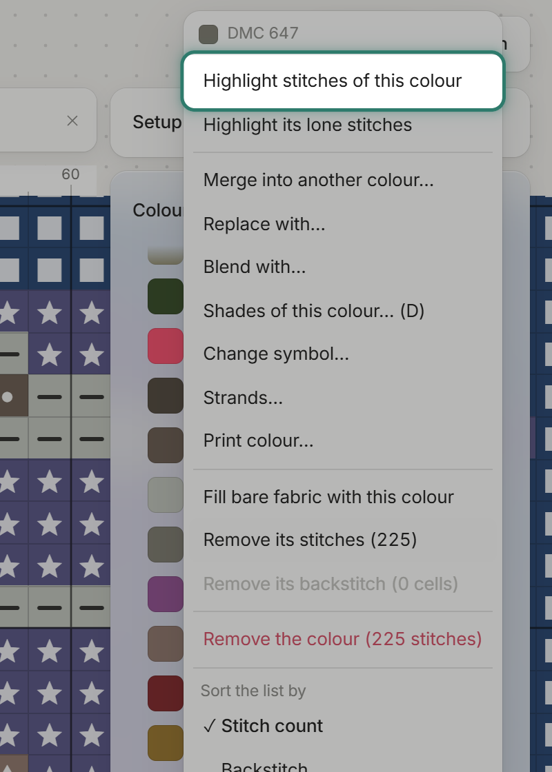 The same row menu with a ring on Highlight stitches of this colour