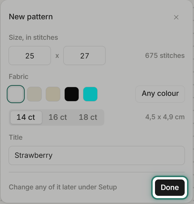 The New pattern panel: 25 x 27 stitches, white fabric, 14 ct, finished size 4,5 x 4,9 cm