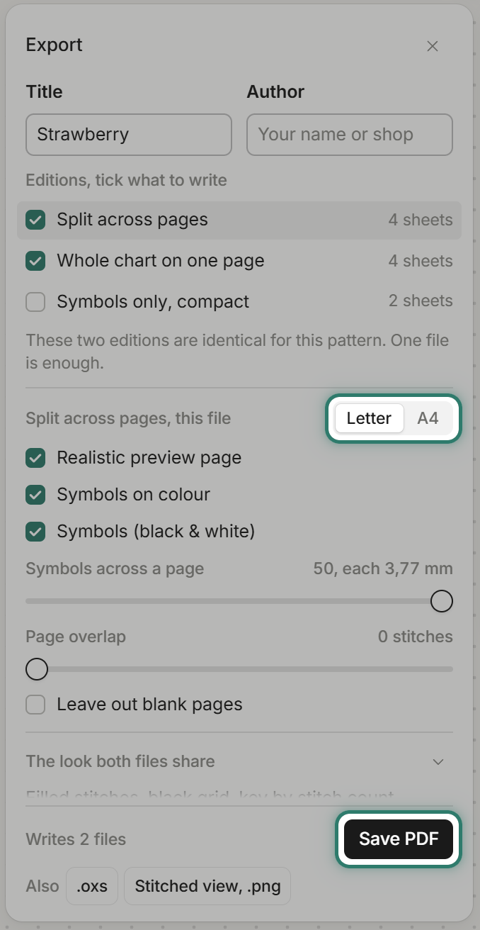 The Export panel with PDF editions, paper size, and preview options