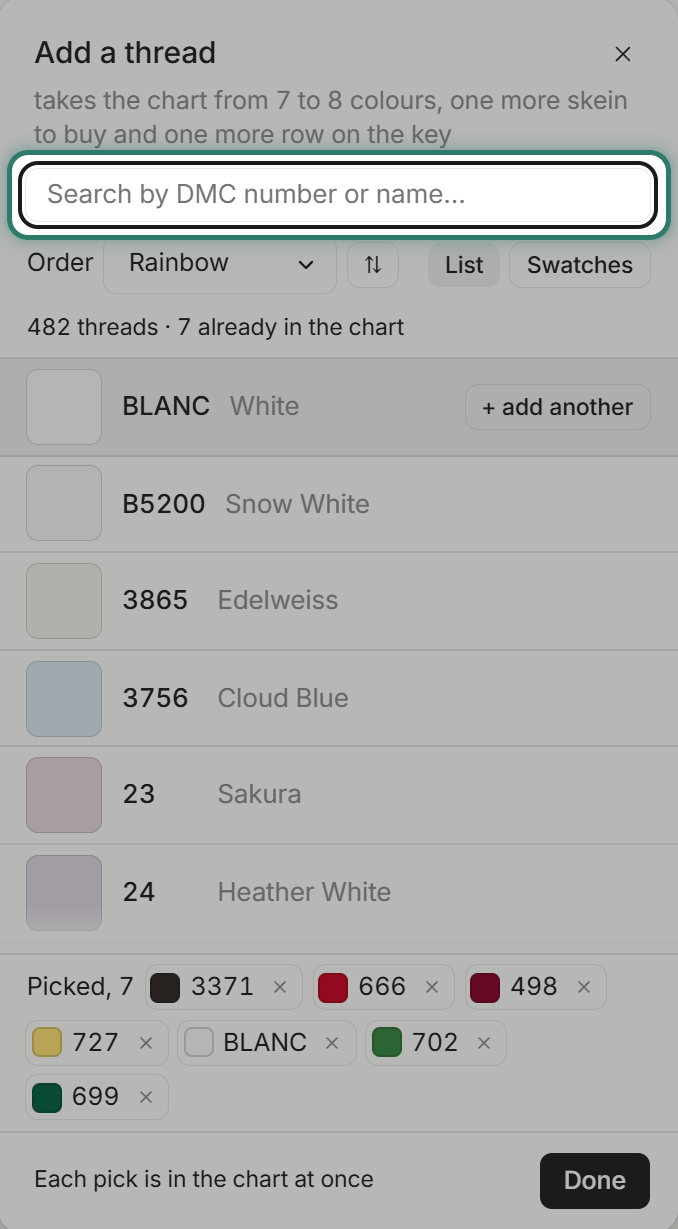 Adding 7 DMC threads from the thread library