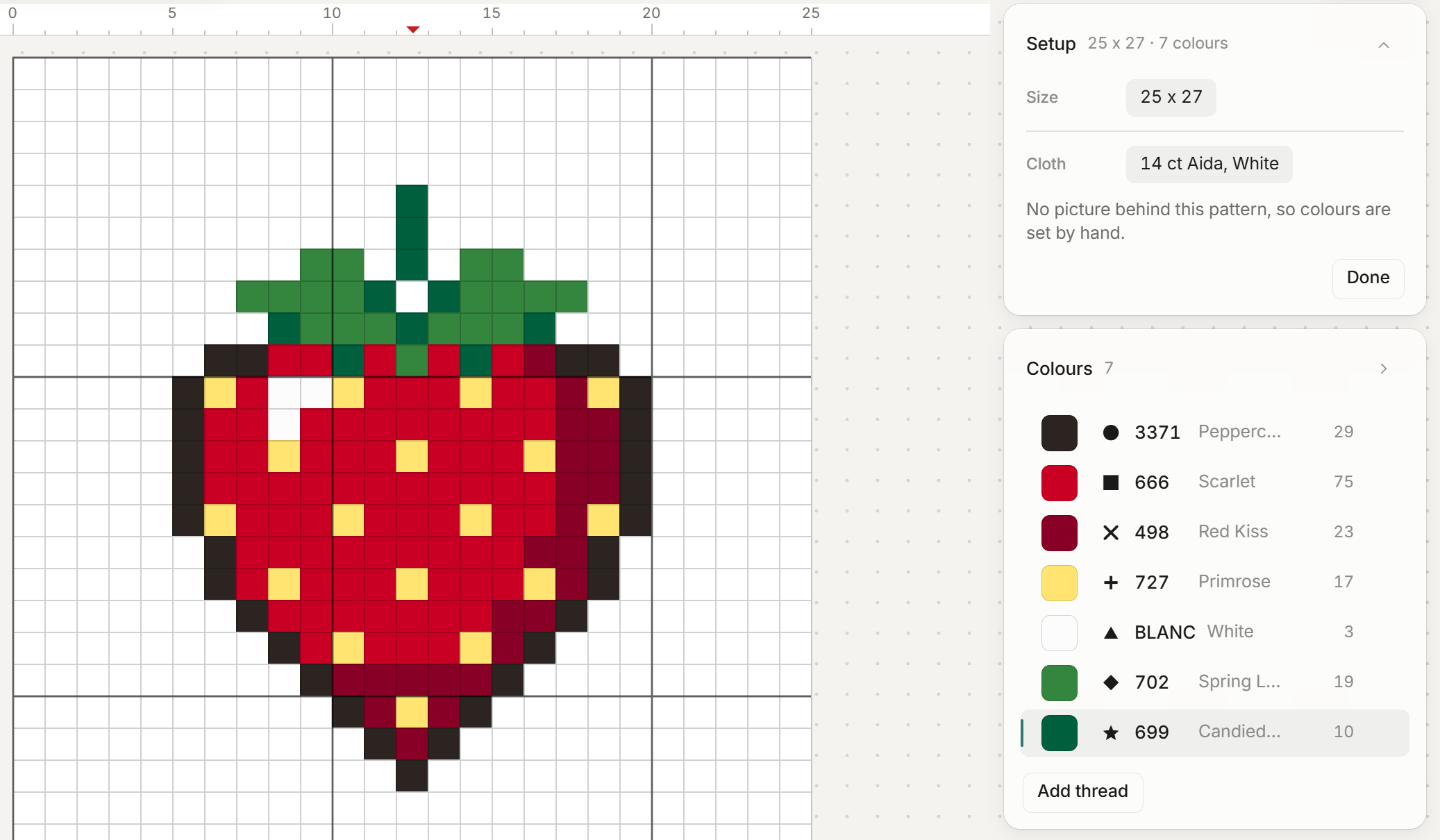The finished hand-drawn strawberry with its 7 threads in the Colours list