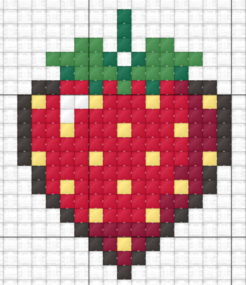The hand-drawn strawberry in Stitched view, 7 colours on white Aida