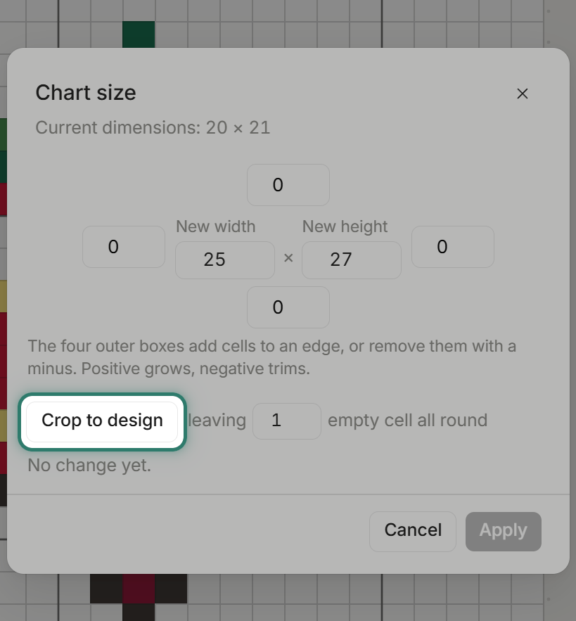 The Chart size dialog with a box for each edge