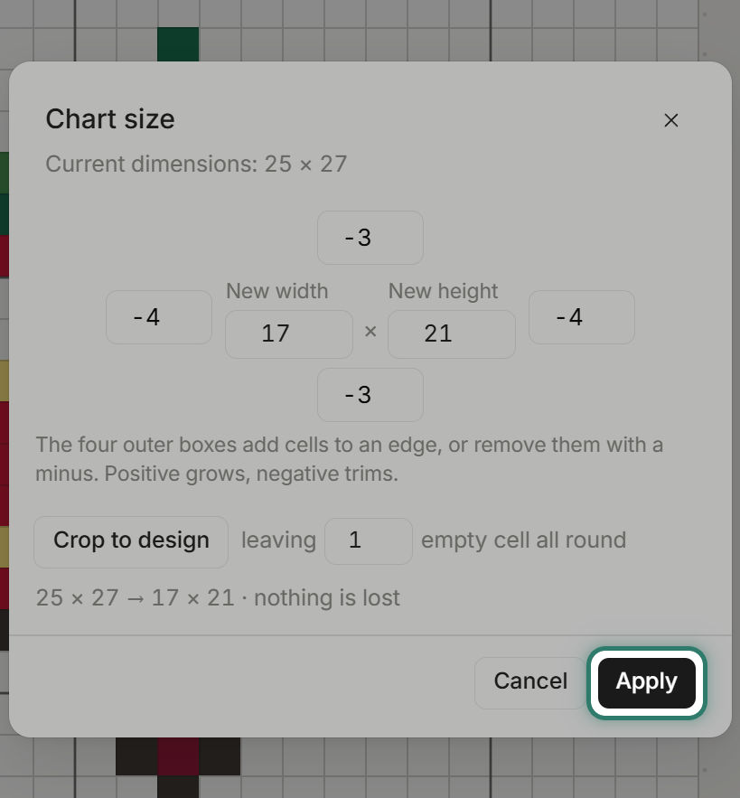 Crop to design has filled the boxes: 25 x 27 to 17 x 21, nothing lost