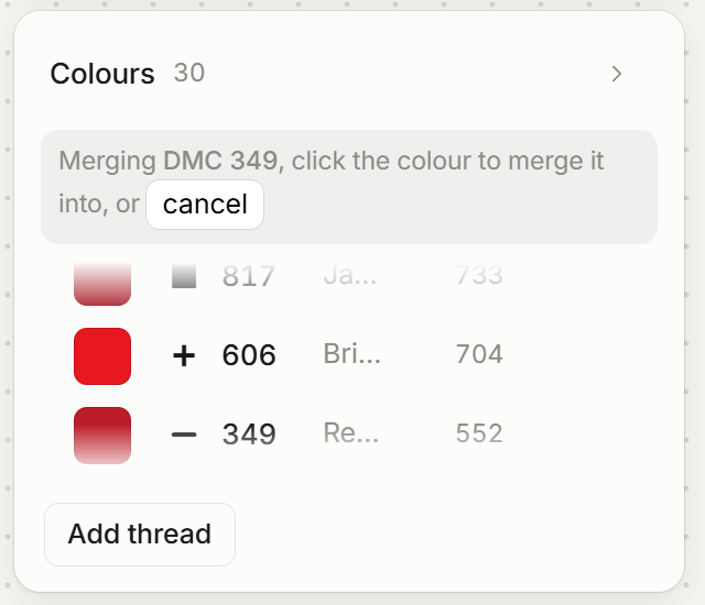The Colours list in merge mode: Merging DMC 349, click the colour to merge it into