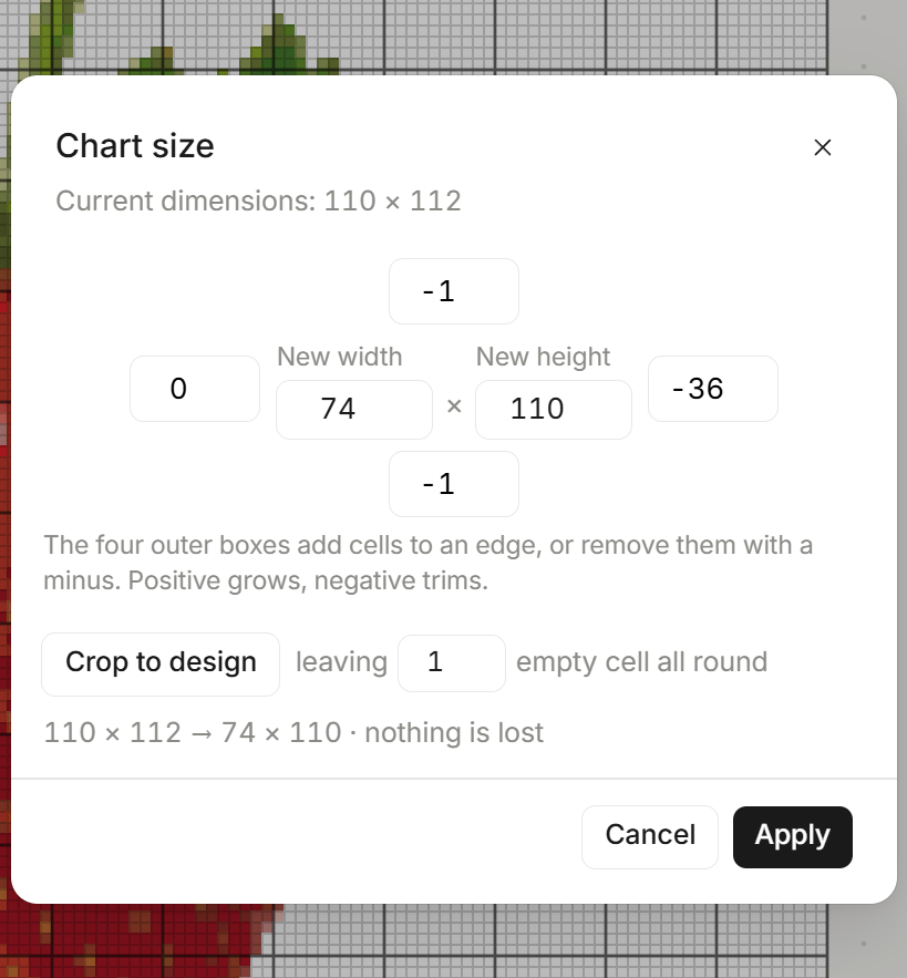 The chart cropped from 110 x 112 to 74 x 110 stitches