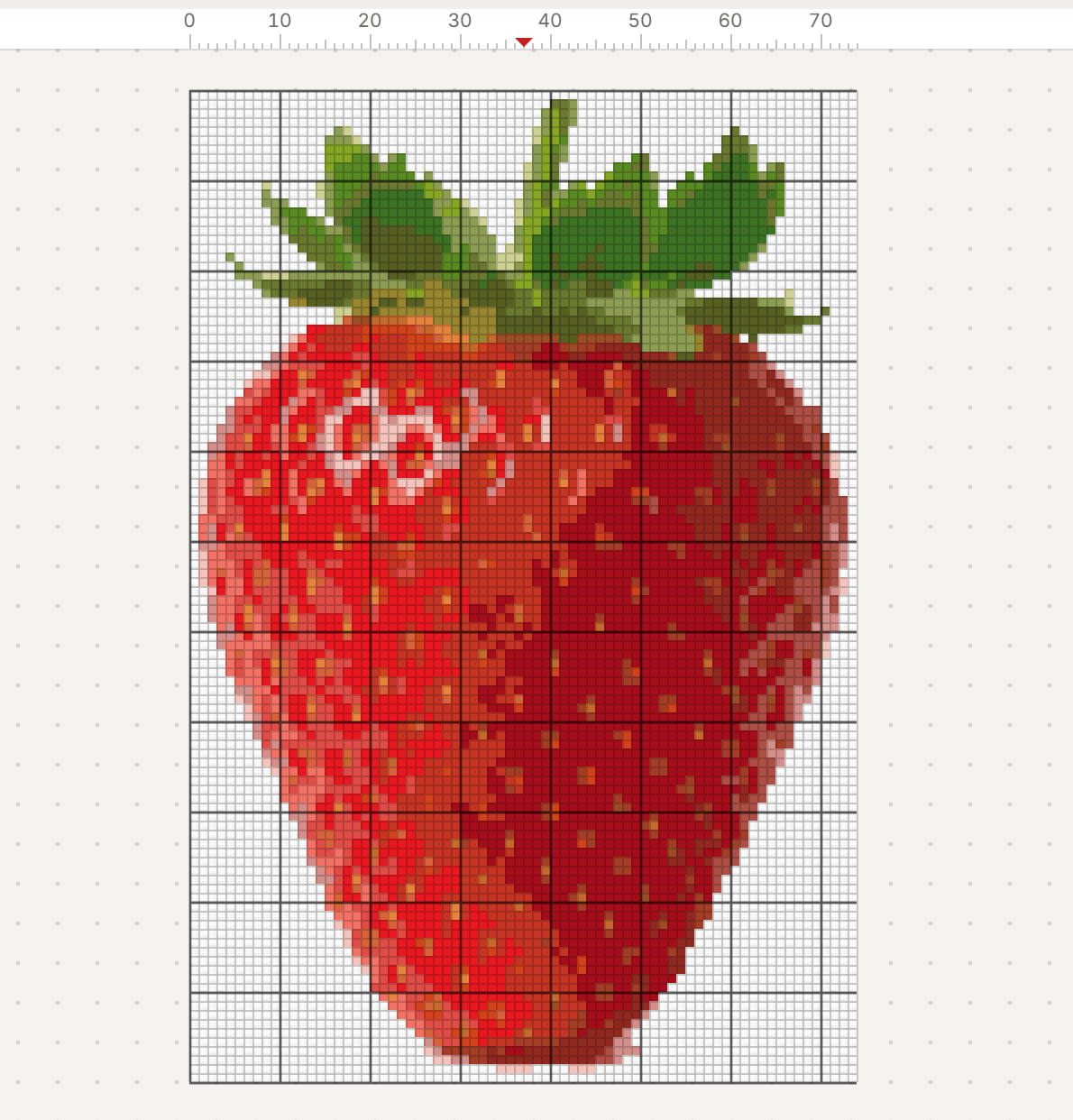 The photo-based strawberry in Stitched view, 23 colours, 74 x 110 stitches, 13,4 x 20,0 cm on 14 ct