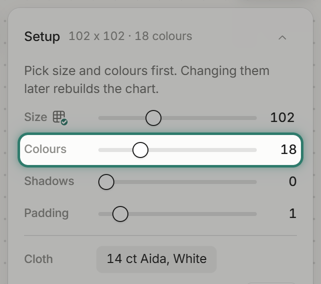 The Setup panel at import, 18 colours suggested, the Colours slider highlighted