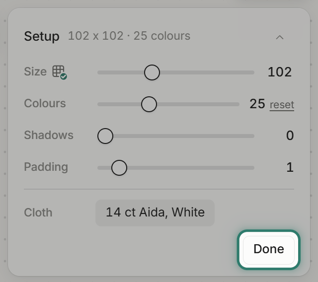 The Setup panel at 25 colours, Done highlighted