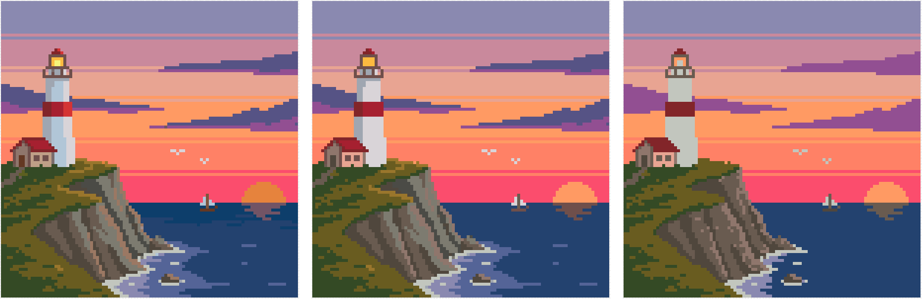 The Lighthouse pattern in Stitched view at 40, 25 and 15 colours, left to right