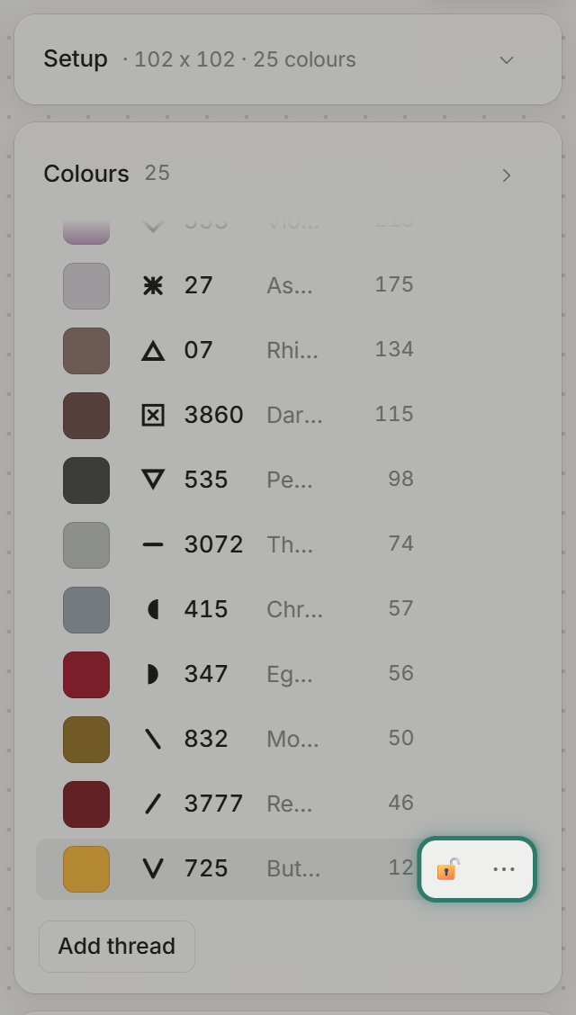A row hovered in the Colours list, the padlock and three dots highlighted
