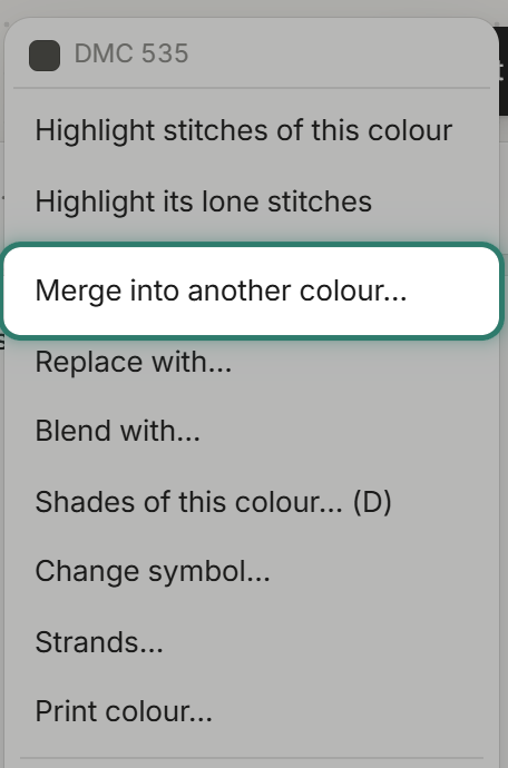 The row menu, Merge into another colour highlighted