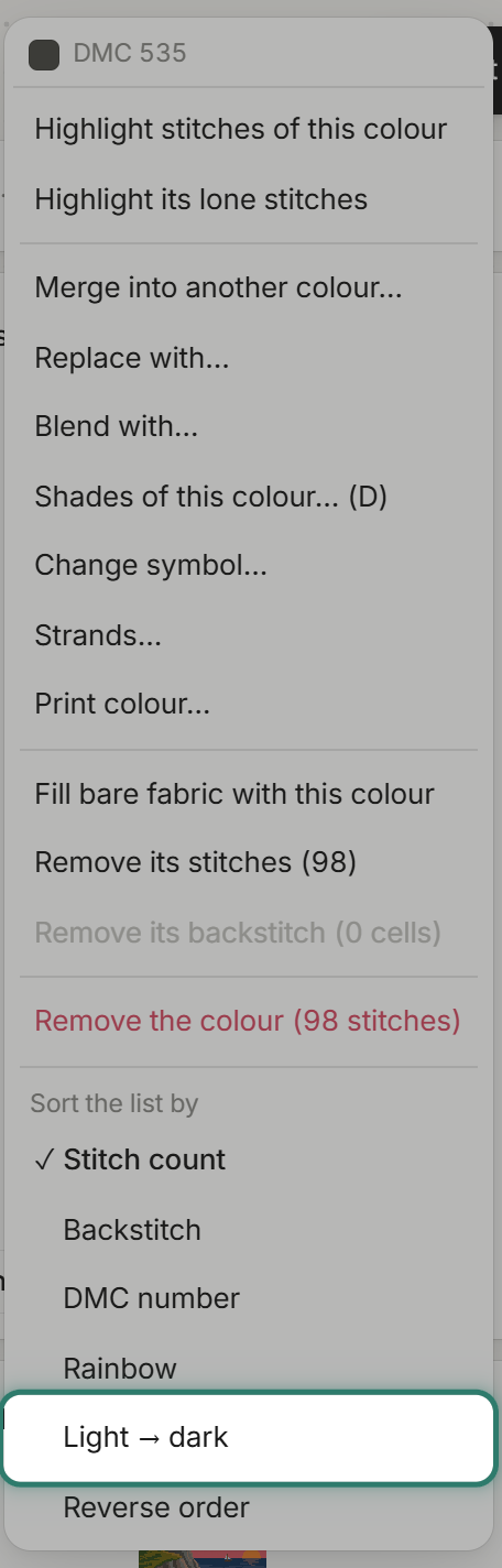 The row menu, Light → dark highlighted