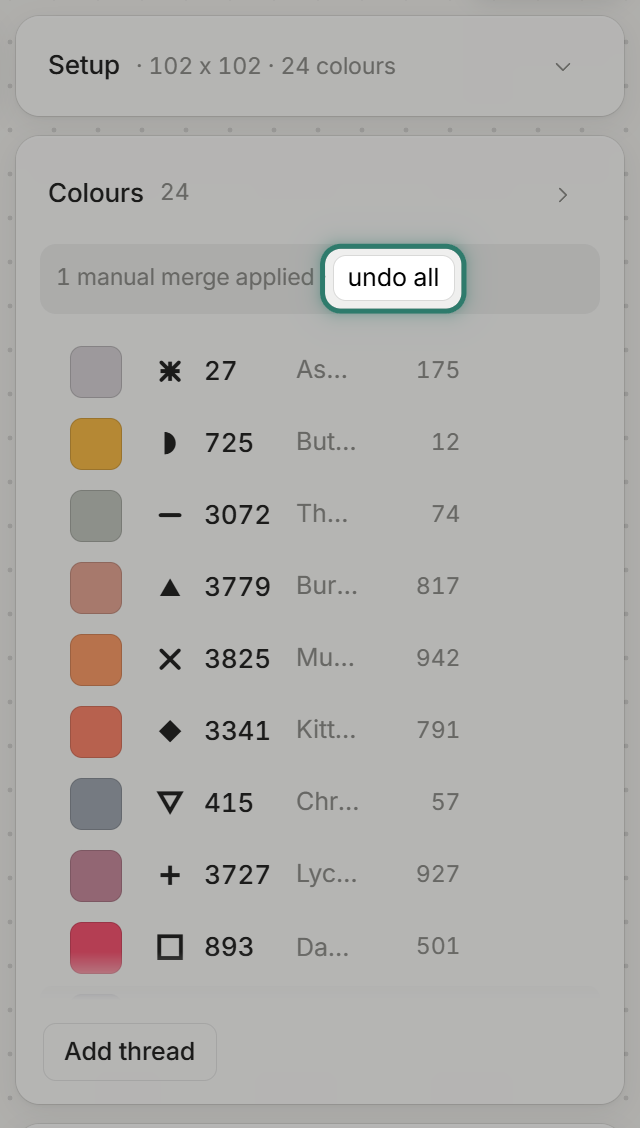 After the merge: 24 colours, undo all highlighted