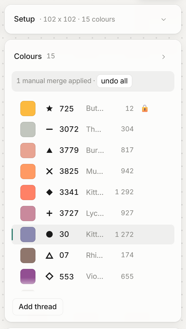 15 colours with 725 Buttercup still in the list, locked