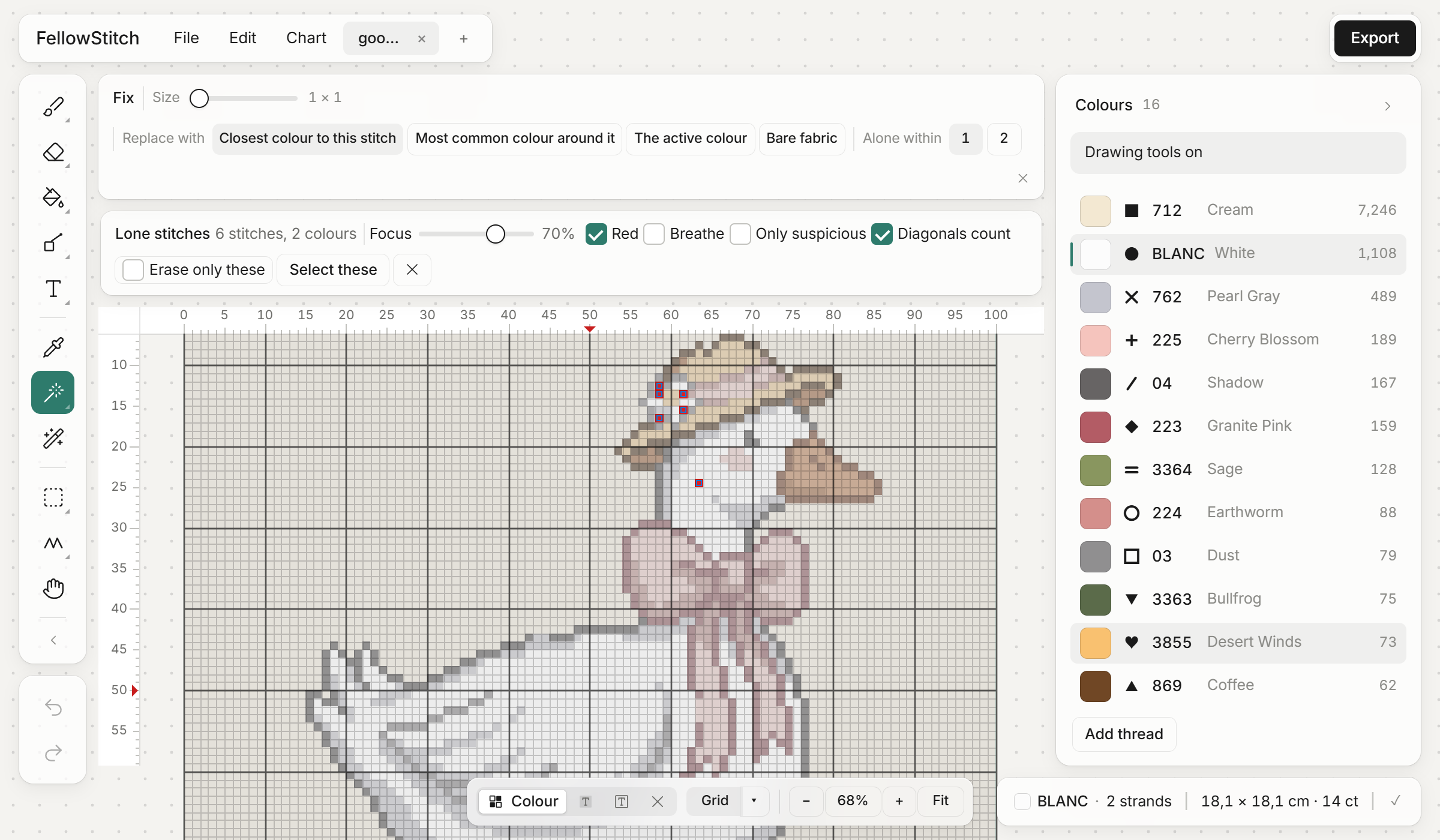 The editor with the stray stitches on a goose chart lit in red and the bar above the chart reading 6 stitches, 2 colours.