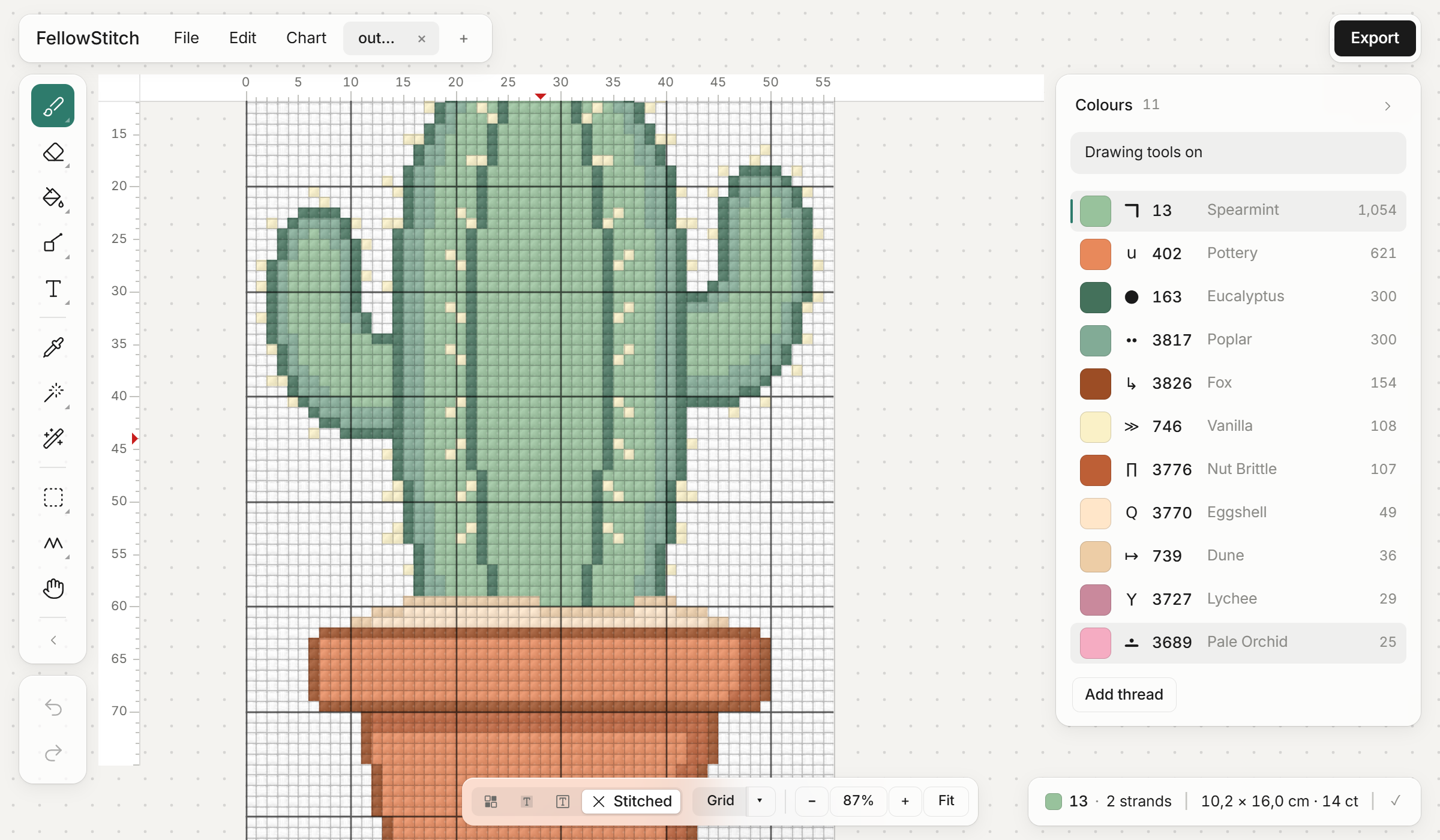 The pattern drawn as real stitches, the same render that saves as a picture