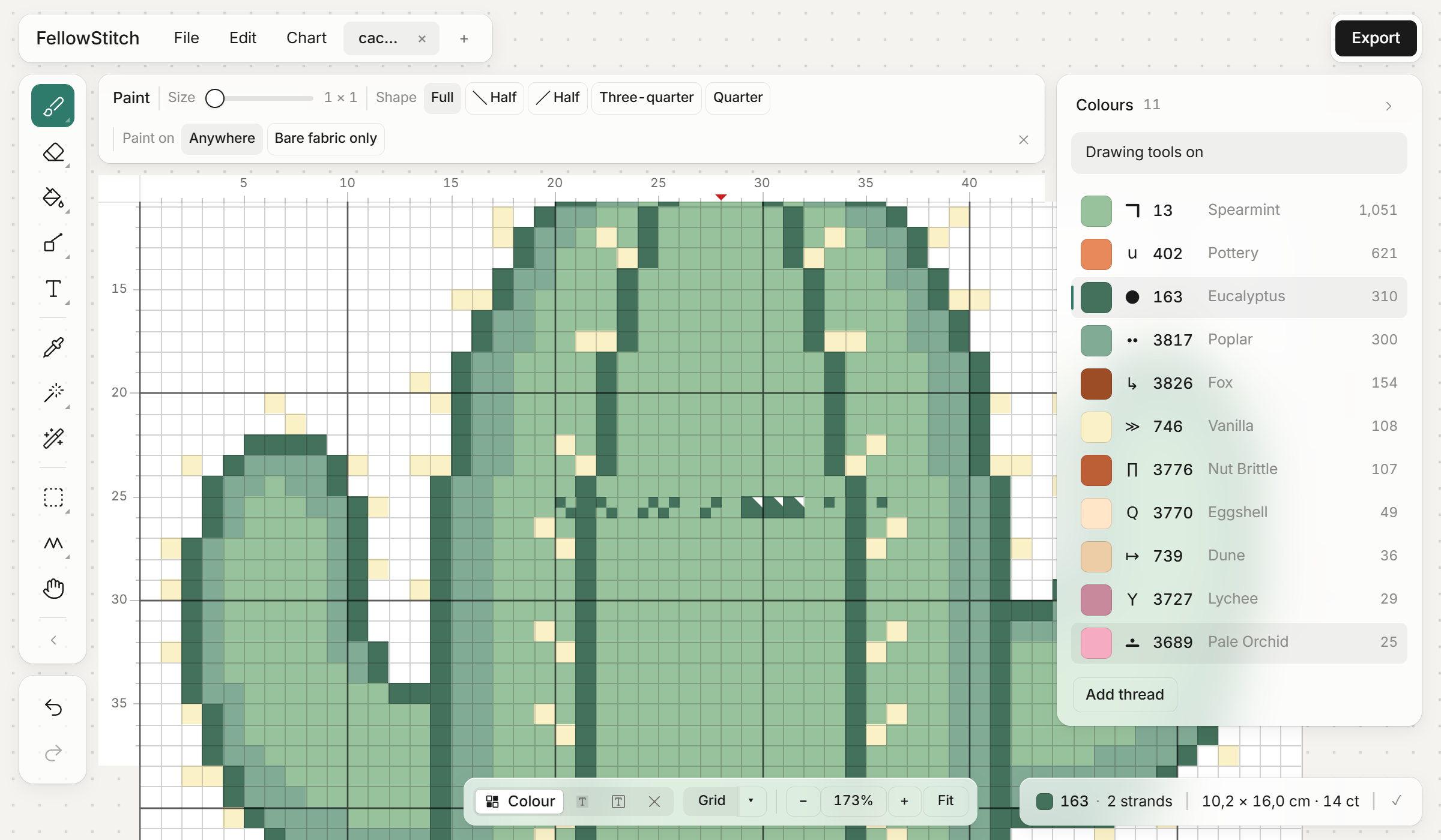 Half, three-quarter and quarter stitches drawn into a chart