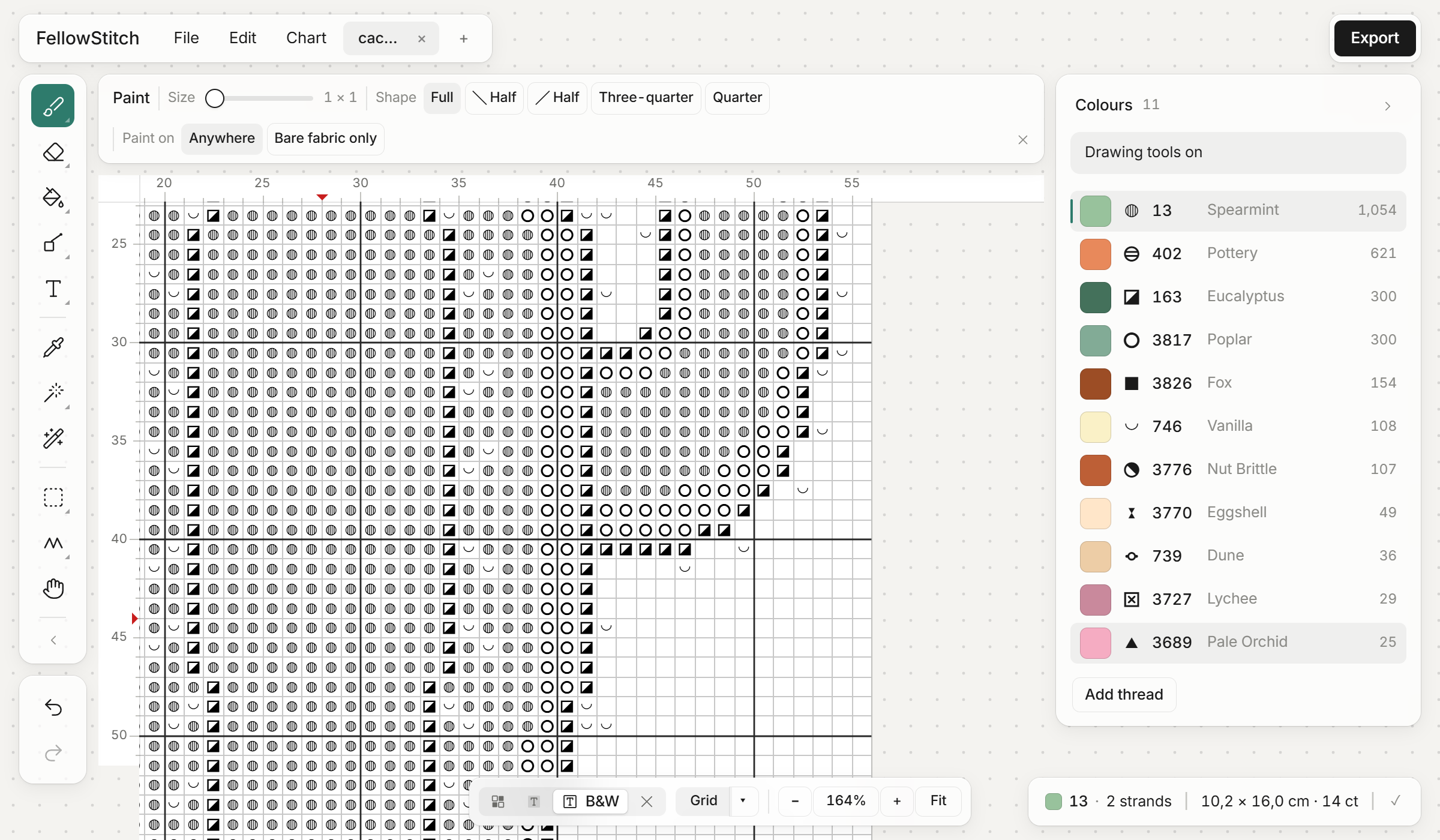 Symbols chosen in one press, shown over the colour chart