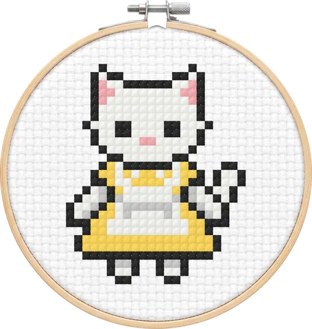 Alice Cat cross-stitch pattern, stitched in a hoop