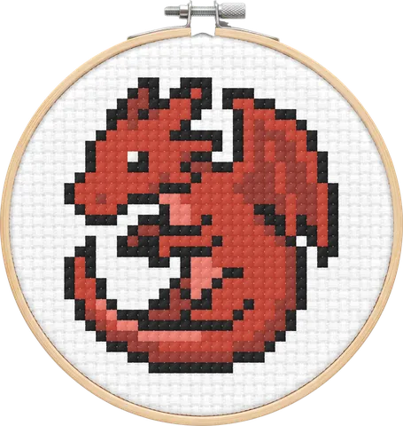 Baby Dragon cross-stitch pattern, stitched in a hoop