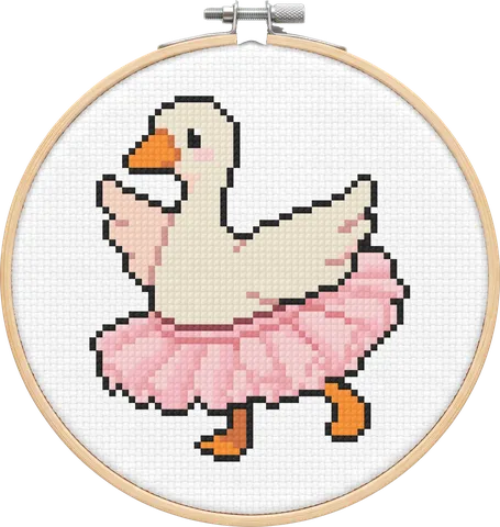 Ballerina Goose cross-stitch pattern, stitched in a hoop