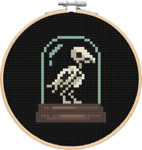 Bird Skeleton cross-stitch pattern, stitched in a hoop