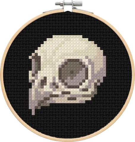 Bird Skull cross-stitch pattern, stitched in a hoop