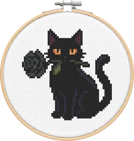 Black Rose Cat cross-stitch pattern, stitched in a hoop