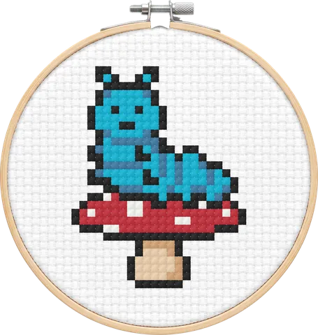 Blue Caterpillar cross-stitch pattern, stitched in a hoop