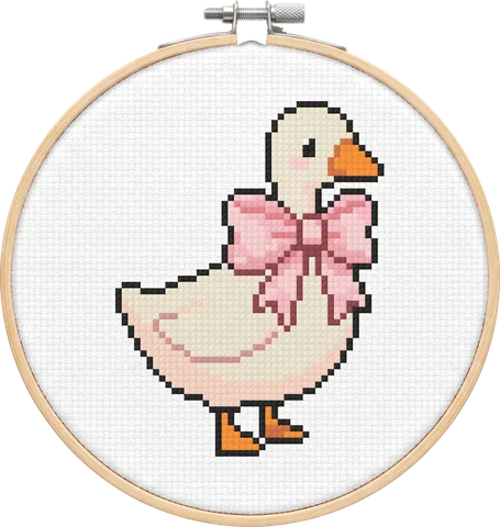 Bow Goose cross-stitch pattern, stitched in a hoop