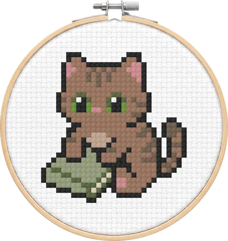 Brown Tabby Cat cross-stitch pattern, stitched in a hoop