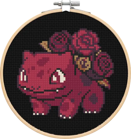 Bulbasaur cross-stitch pattern, stitched in a hoop