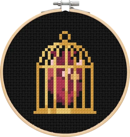 Caged Heart cross-stitch pattern, stitched in a hoop